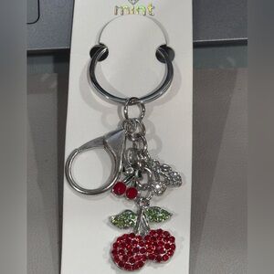 Bag Charm Mint Red Crystal Cherry Keychain Silver Tone